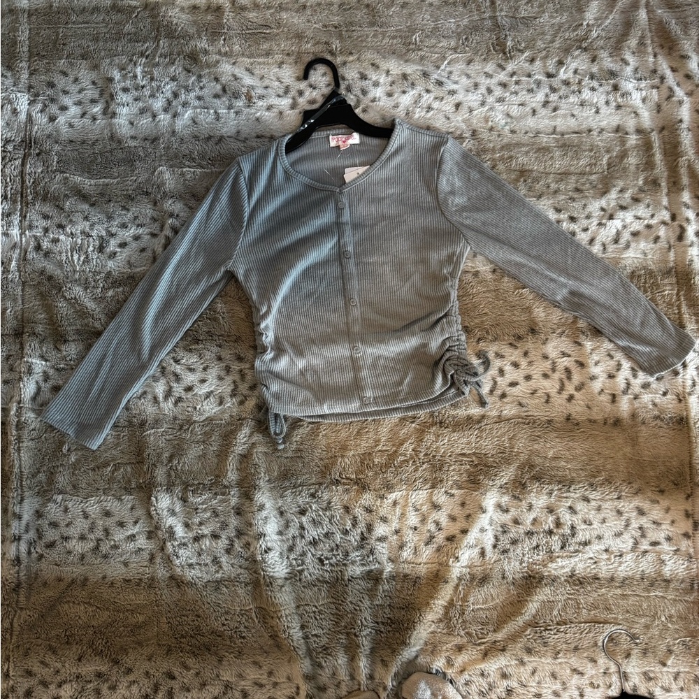 Poof! Light Gray Ribbed Long-Sleeve Button Front Top with Side Ties NWT